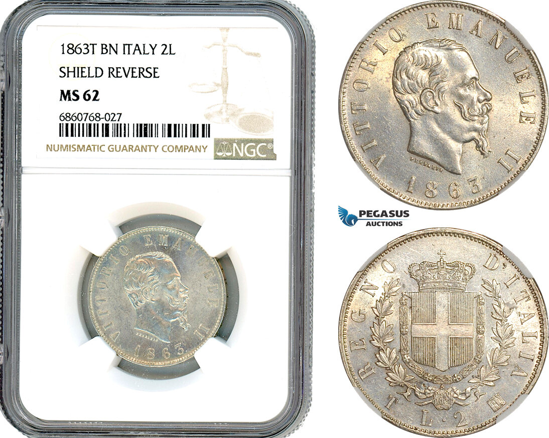 A8/256, Italy, Victor Emanuele II, 2 Lire 1863 T BN, Turin Mint, Silver, KM-6a, Light champagne toning, NGC MS62