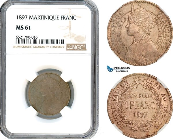 A8/265, Martinique, French Colony, Franc 1897, Ni, KM-41, Old toning, NGC MS61