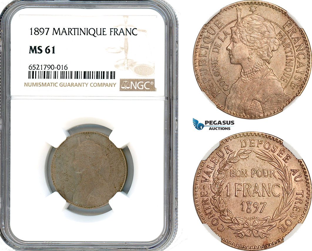 A8/265, Martinique, French Colony, Franc 1897, Ni, KM-41, Old toning, NGC MS61