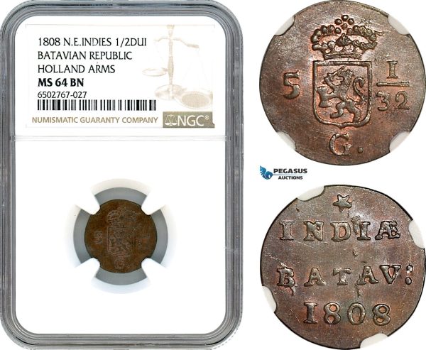 A8/307, Netherlands East Indies, Batavian Republic, 1/2 Duit 1808, Holland Arms, KM-75, NGC MS64BN