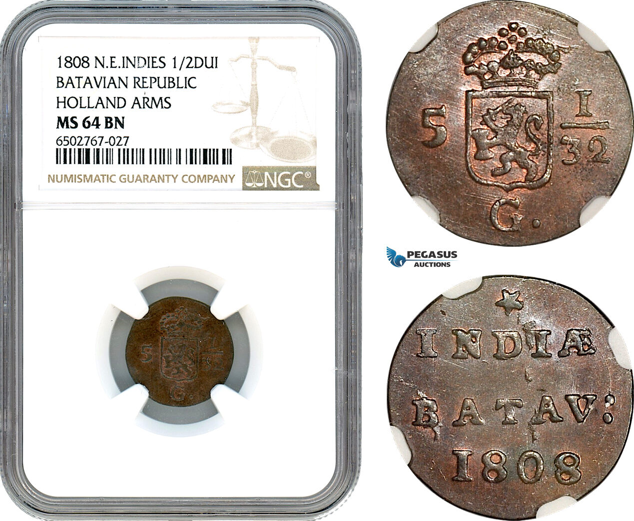 A8/307, Netherlands East Indies, Batavian Republic, 1/2 Duit 1808, Holland Arms,  KM-75, NGC MS64BN