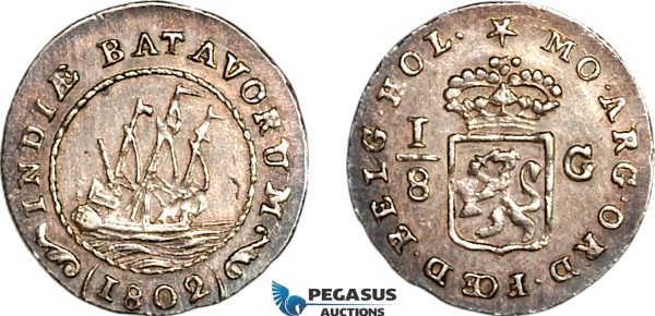 A8/317, Netherlands East Indies, Batavian Republic, 1/8 Gulden 1802, Enkhuizen Mint, Silver, Sch#496, Old toning, EF