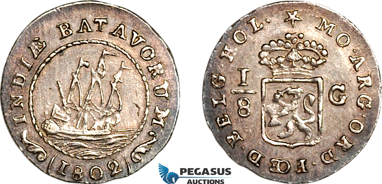 A8/317, Netherlands East Indies, Batavian Republic, 1/8 Gulden 1802, Enkhuizen Mint, Silver, Sch#496, Old toning, EF