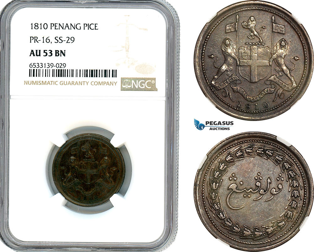 A8/336, Netherlands East Indies, Penang, Pice (Cent) 1810, London Mint, Pr-16, NGC AU53BN