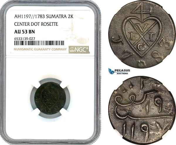 A8/337, Netherlands East Indies, Sumatra, 2 Keping AH1197//1783, KM-255, NGC AU53BN