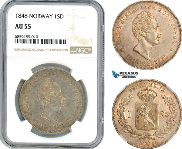 A8/339, Norway, Oscar I, Speciedaler 1848, Kongsberg Mint, Silver, NM. 2, Light champagne toning, NGC AU55