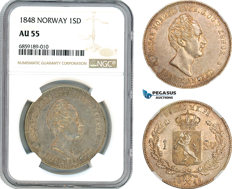 A8/339, Norway, Oscar I, Speciedaler 1848, Kongsberg Mint, Silver, NM. 2, Light champagne toning, NGC AU55