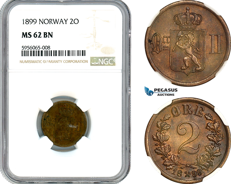 A8/341, Norway, Oscar II, 2 Öre 1899, Kongsberg Mint, Bronze, NM. 109, NGC MS62BN