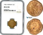 A8/342, Norway, Oscar II, 2 Öre 1902, Kongsberg Mint, Bronze, NM. 110, NGC MS63BN