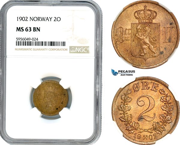 A8/342, Norway, Oscar II, 2 Öre 1902, Kongsberg Mint, Bronze, NM. 110, NGC MS63BN