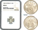 A8/345, Norway, Oscar II, 10 Öre 1894, Kongsberg Mint, Silver, NM. 90, Light champagne toning, NGC MS64
