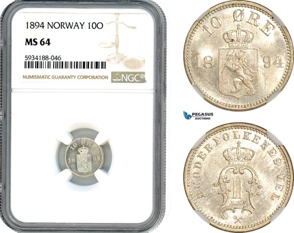 A8/345, Norway, Oscar II, 10 Öre 1894, Kongsberg Mint, Silver, NM. 90, Light champagne toning, NGC MS64