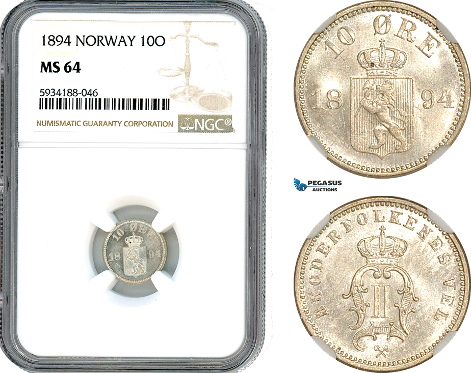 A8/345, Norway, Oscar II, 10 Öre 1894, Kongsberg Mint, Silver, NM. 90, Light champagne toning, NGC MS64