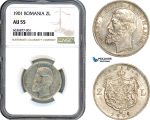 A8/371, Romania, Carol I, 2 Lei 1901, Hamburg Mint, Silver, Schäffer/Stambuliu 53, NGC AU55, Extremely Rare!