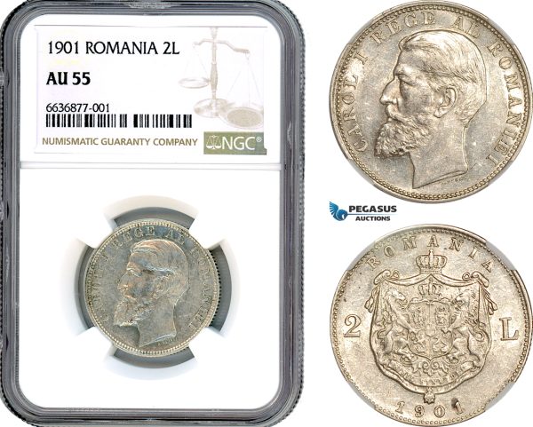 A8/371, Romania, Carol I, 2 Lei 1901, Hamburg Mint, Silver, Schäffer/Stambuliu 53, NGC AU55, Extremely Rare!