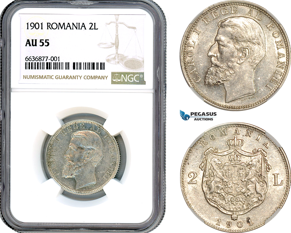 A8/371, Romania, Carol I, 2 Lei 1901, Hamburg Mint, Silver, Schäffer/Stambuliu 53, NGC AU55, Extremely Rare!
