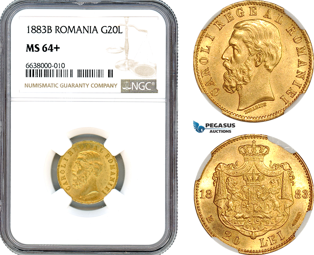 A8/372, Romania, Carol I, 20 Lei 1883 B, Bucharest Mint, Gold, Schäffer/Stambuliu 030, NGC MS64+, Pop 1/1, Extremely Rare in this condition!