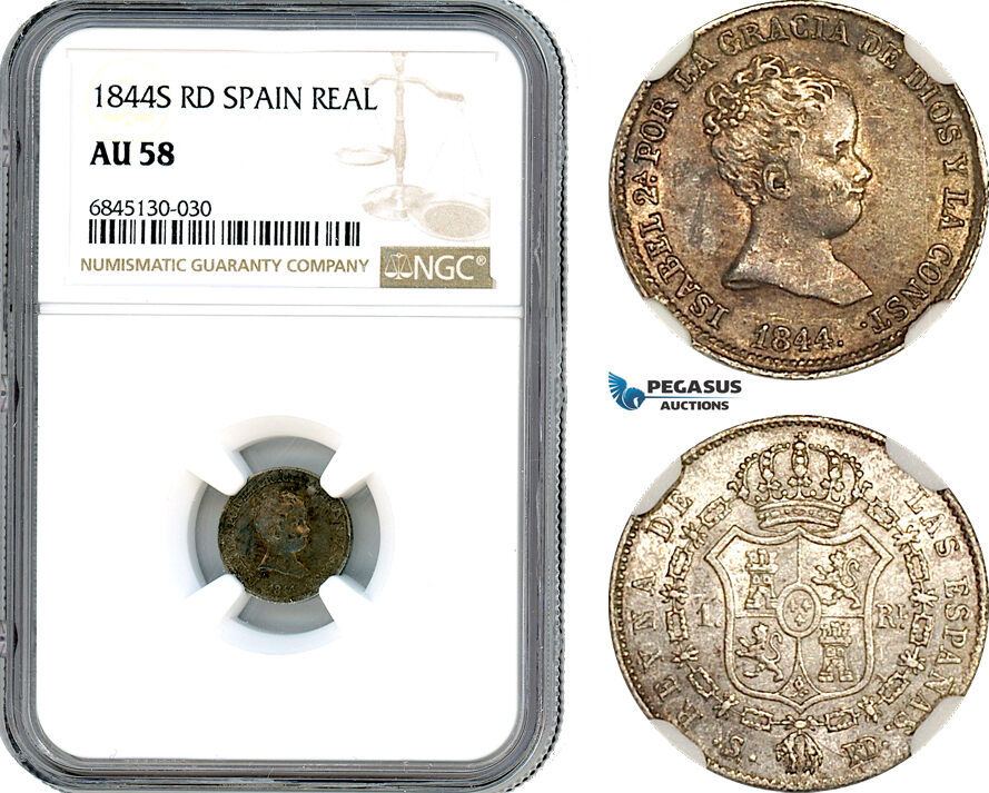 A8/536, Spain, Elizabeth II, Real 1844 S RD, Sevilla Mint, Silver, Cal#315, Old cabinet toning, NGC AU58