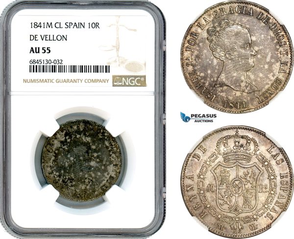 A8/538, Spain, Elizabeth II, 10 Reales 1841 M CL, Madrid Mint, Silver, Cal#217, Dark cabinet toning, Rare condition, NGC AU55, Pop 1/1
