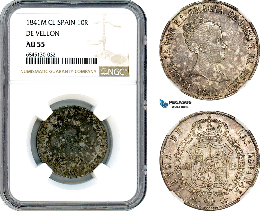 A8/538, Spain, Elizabeth II, 10 Reales 1841 M CL, Madrid Mint, Silver, Cal#217, Dark cabinet toning, Rare condition, NGC AU55, Pop 1/1