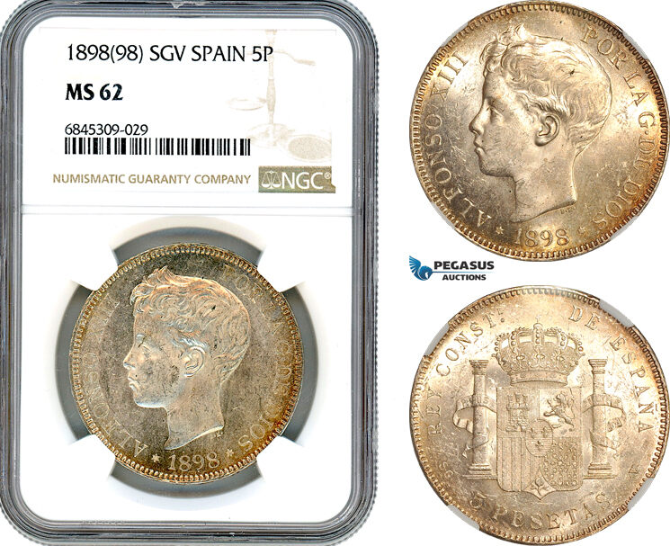 A8/540, Spain, Alfonso XIII, 5 Pesetas 1898 (98) SGV, Madrid Mint, Silver, Cal#109, Light champagne toning, NGC MS62