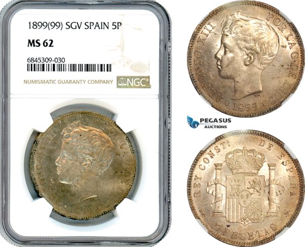 A8/541, Spain, Alfonso XIII, 5 Pesetas 1899 (99) SGV, Madrid Mint, Silver, Cal#110, Light champagne toning, NGC MS62