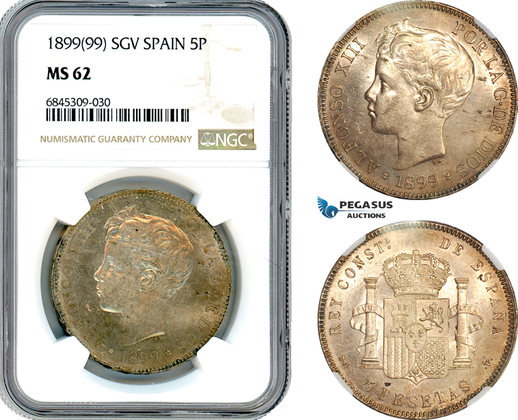 A8/541, Spain, Alfonso XIII, 5 Pesetas 1899 (99) SGV, Madrid Mint, Silver, Cal#110, Light champagne toning, NGC MS62