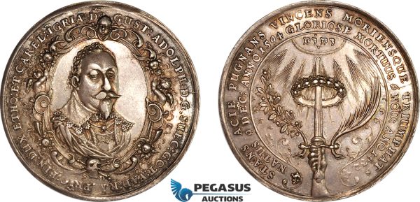 A8/545, Sweden, Gustav Adolph II, Silver Medal 1632, by Sebastian Dadler (Ø44mm, 24.15g) On his death in the Battle of Lützen on November 6th, 1632. Hildebrand 185, Cabinet toning, EF, A rare piece!