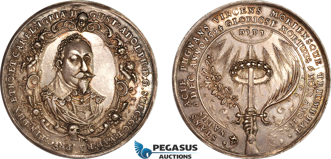 A8/545, Sweden, Gustav Adolph II, Silver Medal 1632, by Sebastian Dadler (Ø44mm, 24.15g) On his death in the Battle of Lützen on November 6th, 1632. Hildebrand 185, Cabinet toning, EF, A rare piece!