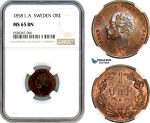 A8/549, Sweden, Oscar I, Öre 1858 L.A, Stockholm Mint, Bronze, KM-687, NGC65BN, Top Pop!