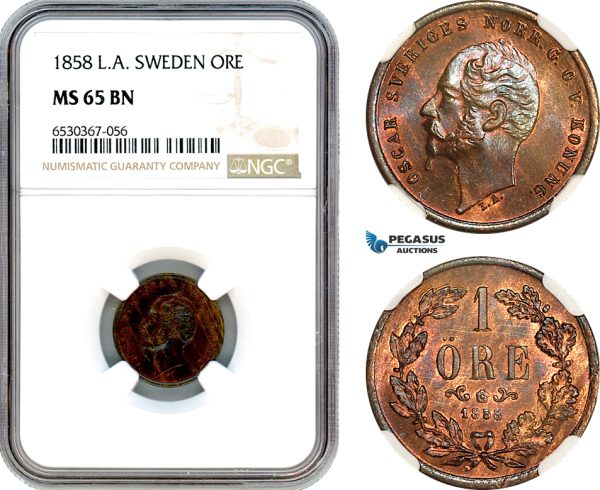 A8/549, Sweden, Oscar I, Öre 1858 L.A, Stockholm Mint, Bronze, KM-687, NGC65BN, Top Pop!
