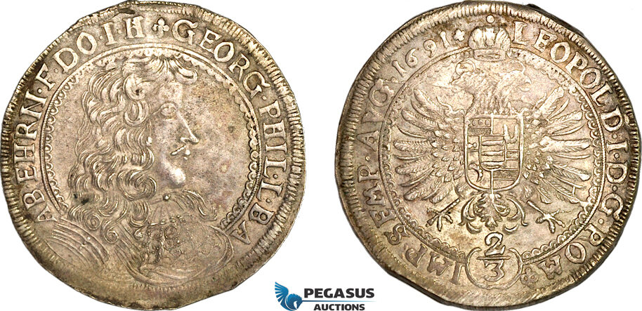 A8/551, Switzerland, Graubünden Haldenstein, Georg Philipp, Gulden (2/3 Taler) 1691, Silver, D.T. 1598b. HMZ 2-537h, Old cabinet toning, EF