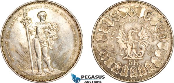 A8/561, Switzerland, Basel, 5 Francs 1879 Shooting Festival, Bern Mint, Silver, Dav-388, Lightly cleaned with light toning, EF