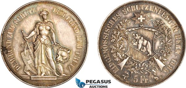 A8/562, Switzerland, Bern, 5 Francs 1885 Shooting Festival, Bern Mint, Silver, Dav-391, Spot, Old cabinet toning, EF