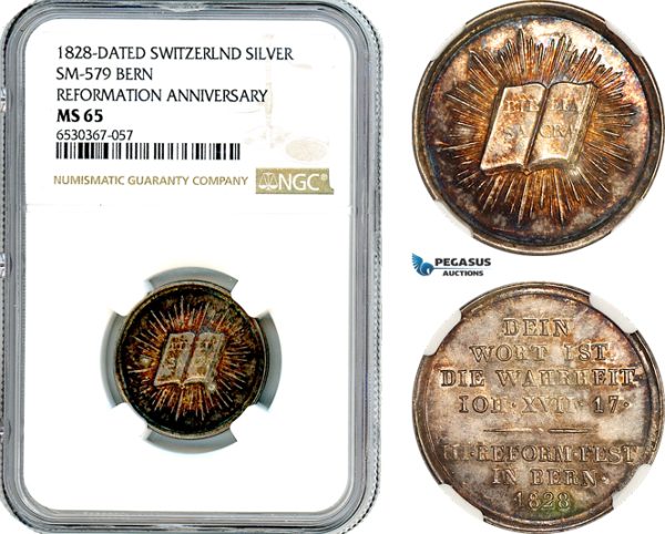 A8/564, Switzerland, Bern, Medal 1828 for the 3rd secular celebration of the Reformation, Silver, SM-579, Wund. 1336; Slg. Whiting 643, Beautiful multicoloured toning, NGC MS65