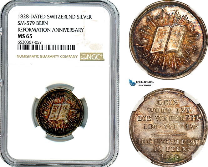 A8/564, Switzerland, Bern, Medal 1828 for the 3rd secular celebration of the Reformation, Silver, SM-579, Wund. 1336; Slg. Whiting 643, Beautiful multicoloured toning, NGC MS65