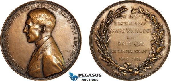 A8/575, United States, Bronze Medal 1915, by Devreese (Ø74mm, 138.5g) Brand Whitlock, United States ambassador in Belgium. UNC