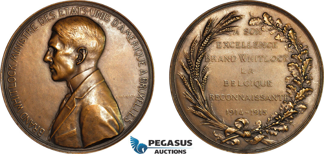 A8/575, United States, Bronze Medal 1915, by Devreese (Ø74mm, 138.5g) Brand Whitlock, United States ambassador in Belgium. UNC