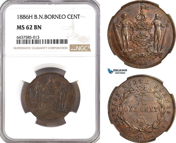 AH178, British North Borneo, 1 Cent 1886 H, Heaton Mint, NGC MS62BN