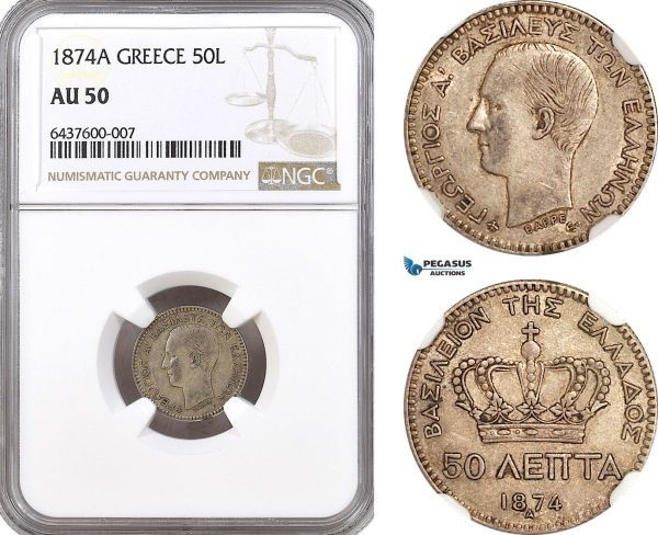 AH227, Greece, George I, 50 Lepta 1874 A, Paris Mint, Silver, NGC AU50