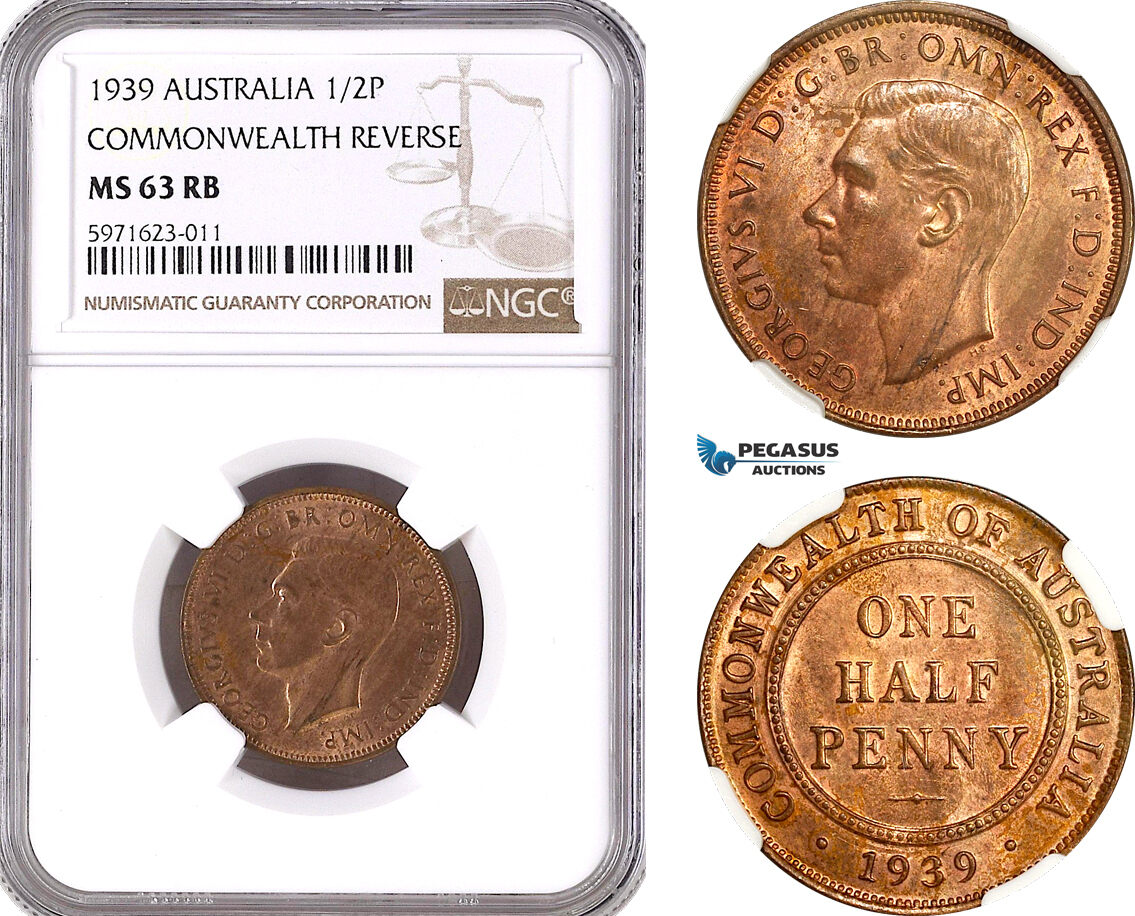 AH273, Australia, George VI, Half Penny 1939, Melbourne Mint, Commonwealth Rev., NGC MS63RB
