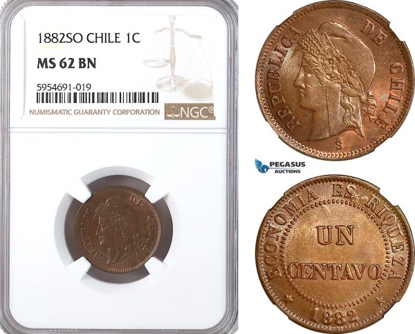 AH280, Chile, 1 Centavo 1882 So, Santiago Mint, NGC MS62BN, Top Pop