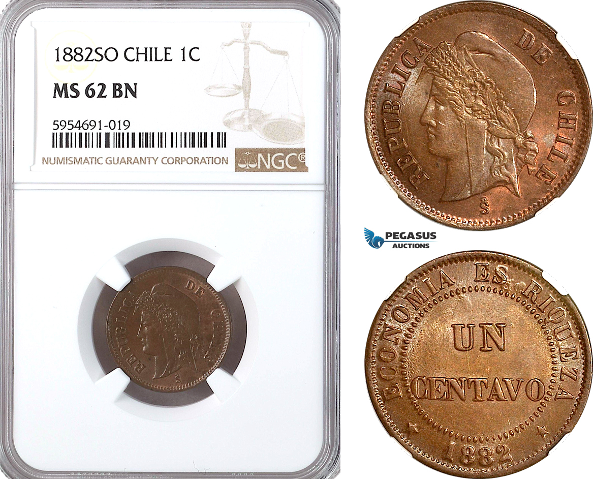 AH280, Chile, 1 Centavo 1882 So, Santiago Mint, NGC MS62BN, Top Pop