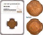 AH286, Denmark, Frederik VIII, 2 Ore 1907 VBP GJ, Copenhagen Mint, NGC MS65BN, Top Pop