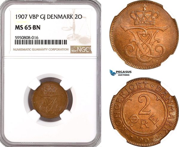 AH286, Denmark, Frederik VIII, 2 Ore 1907 VBP GJ, Copenhagen Mint, NGC MS65BN, Top Pop