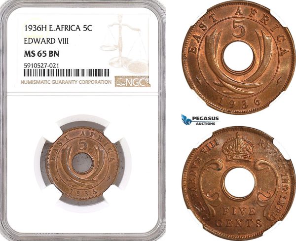 AH293, British East Africa, Edward VIII, 5 Cents 1936 H, Heaton Mint, NGC MS65BN
