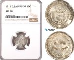 AH294, El Salvador, 10 Centavos 1911, Silver, NGC MS64