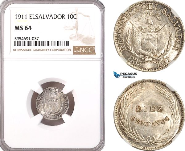AH294, El Salvador, 10 Centavos 1911, Silver, NGC MS64