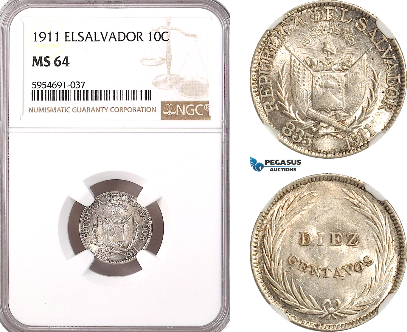 AH294, El Salvador, 10 Centavos 1911, Silver, NGC MS64