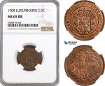 AH330, Luxembourg, 2 1/2 Centimes 1908, Brussels Mint, NGC MS65RB, Top Pop!